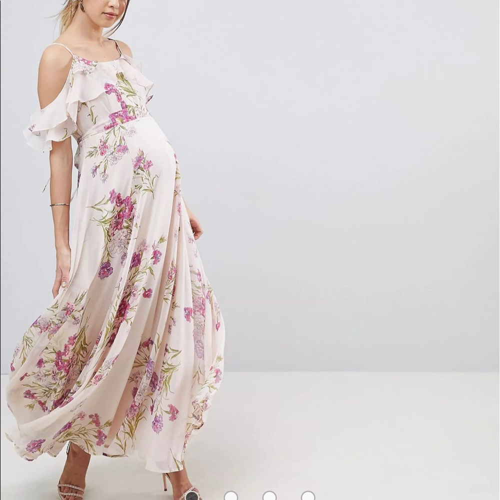 ASOS MATERNITY Floral Print Maxi Dress with Ruffle Cold Shoulder